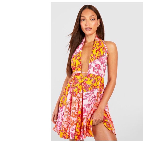 Boohoo Tall Floral Halter Plunge Cage Swing Dress Pink  Floral Size 14 - Picture 3 of 4